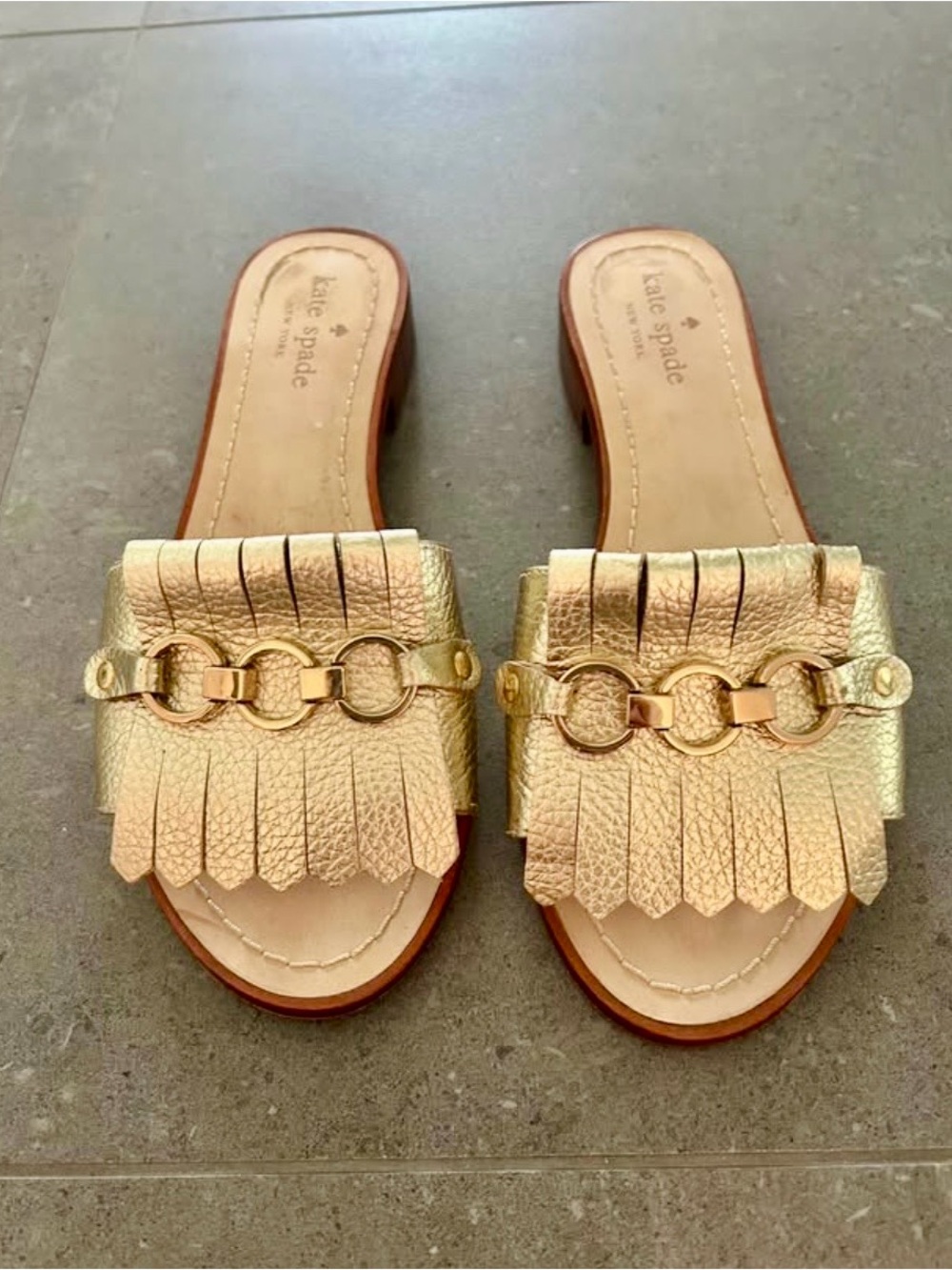 kate spade Gold Fringe Chain Slide Mules